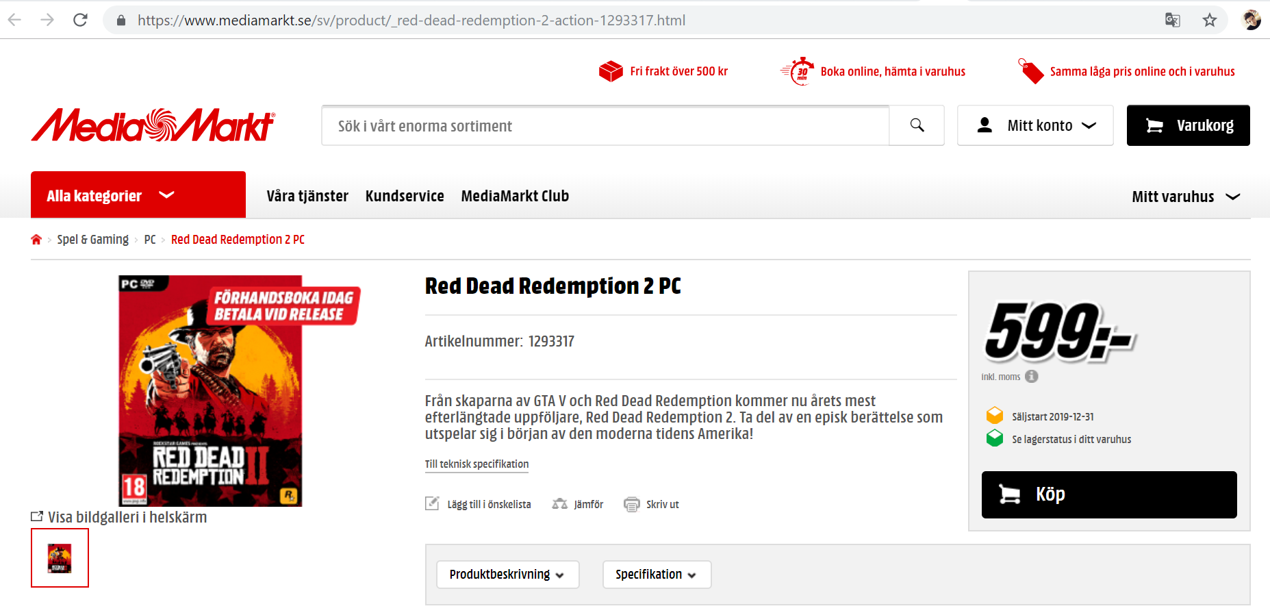 MediaMarkt, Red Dead Redemption 2 oyununu PC için listeledi